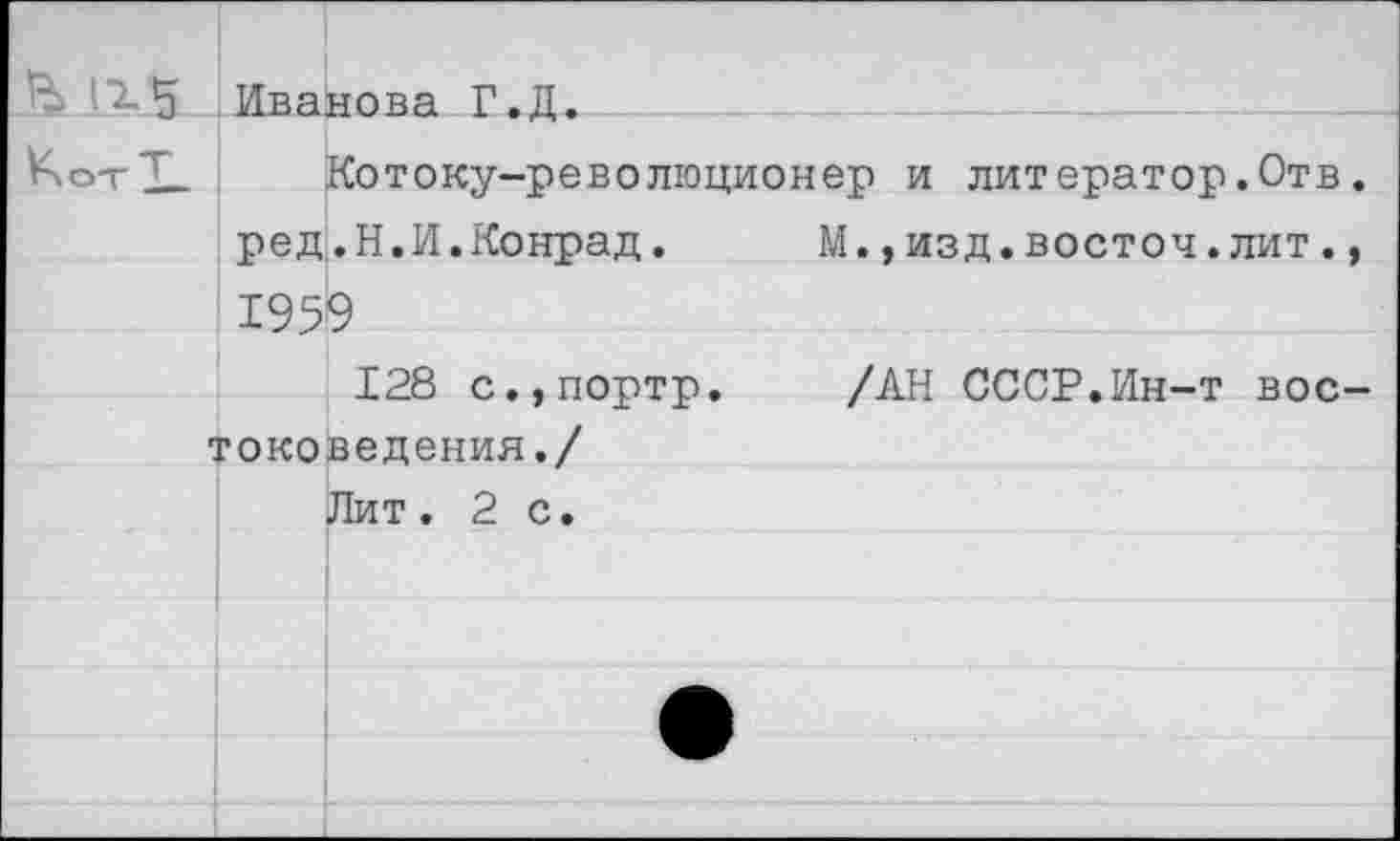 ﻿	Иванова Г.Д.
Кот X	Котоку-революционер и литератор.Отв.
	ред.Н.И.Конрад.	М.,изд.восточ.лит.,
	1959
	128 с.,портр.	/АН СССР.Ин-т вое-
1	гоковедения./
	Лит. 2 с.
	
	
	